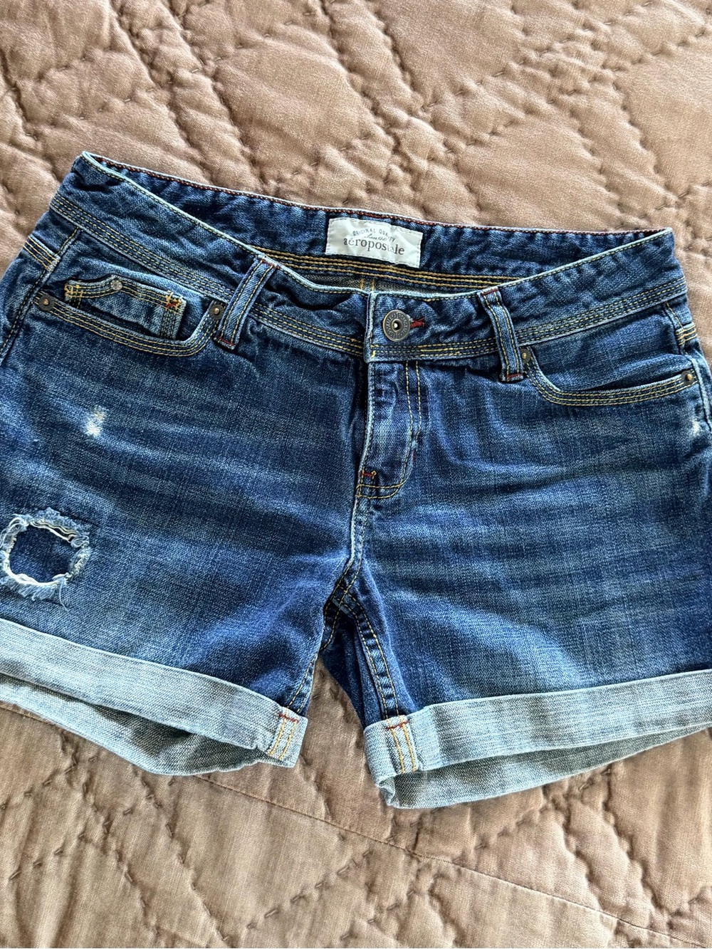 Aeropostale Women's Dark Blue Rolled Hem Distressed Denim Shorts